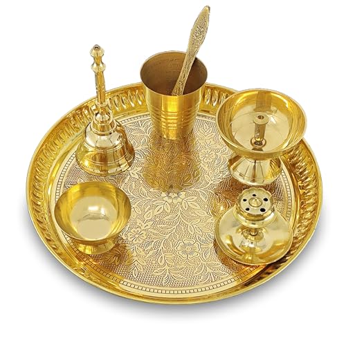Image of BENGALEN Brass Pooja Thali Set 8 Inch Puja Thali with Pital Plate Glass Piyali Diya Dhup Dan Chandan Wati Ghanti Palli for Diwali Home Office Mandir Wedding Return Gift Items