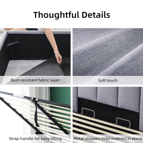 Lift Up Storage Bed Queen Size, Linen Upholstered Platform Bed Frames with Storage Underneath, Soft Modern Bed Frame Strong Hydraulic Lift, No Box Spring Needed, Grey