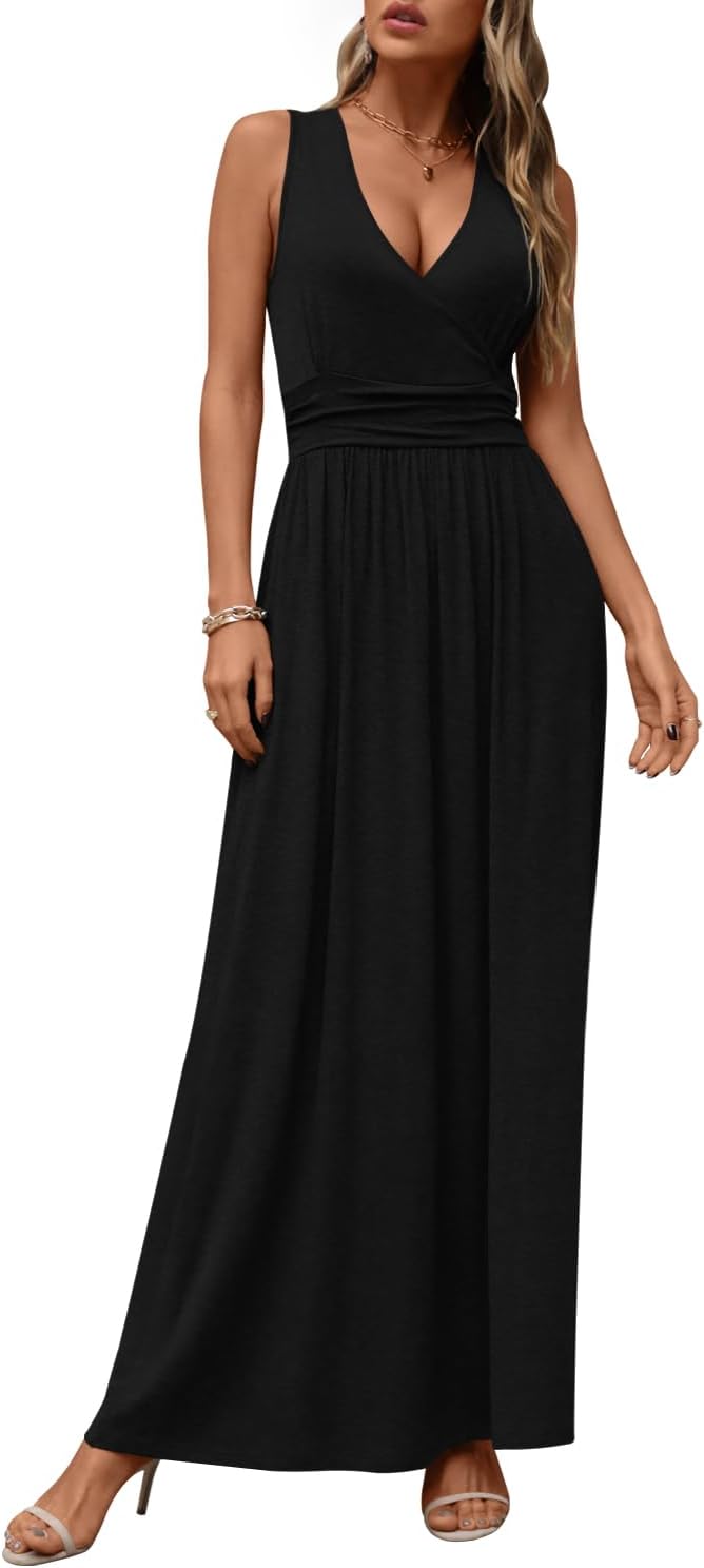 CATHY Women's Casual Sleeveless Deep V Neck Beach Waist Maxi Dresses with Pockets