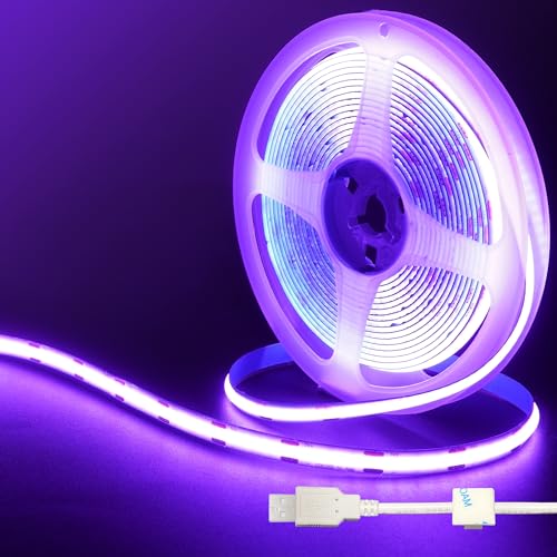 Clearhill Bande LED COB USB 5V,6,56pieds/2m Violet,320LEDs/m,largeur 8mm,non étanche IP20,câble USB de 1m,bande LED flexible pour décoration intérieure et...
