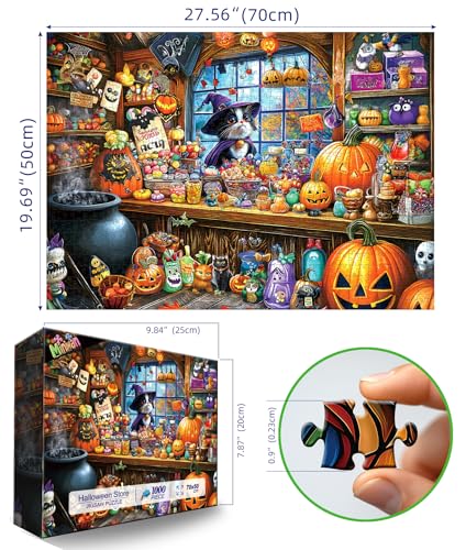 Image of Halloween Witch Cat 1000 Piece Puzzle for Adults Halloween Candy Store Jigsaw Puzzle Spooky Treats Scene Challenging Impossible Puzzle Fun Games for Adults & Family Game Night