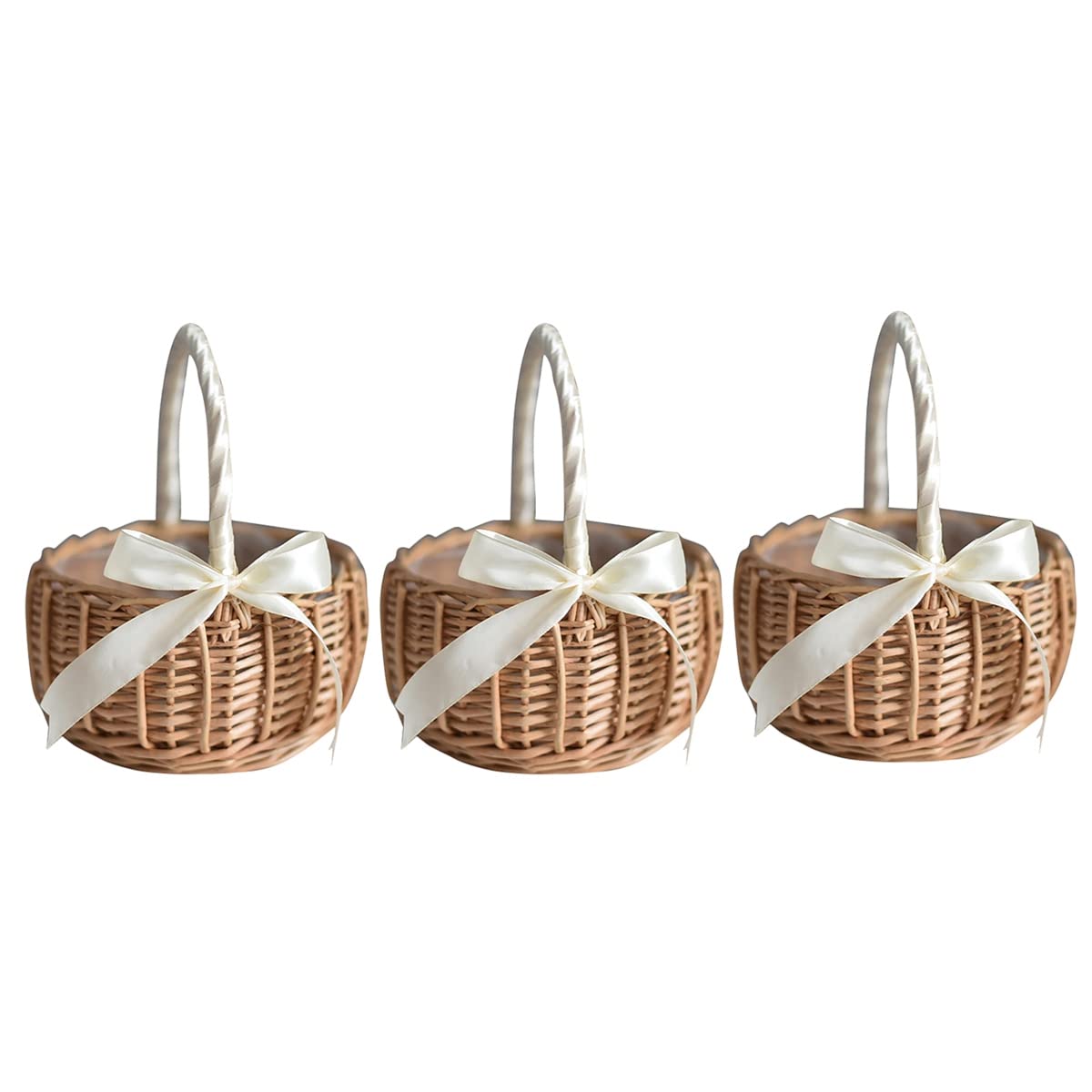 Hndhbfgrt 3X Wicker Woven Flower Basket, with Handle and White Ribbon, Wedding Flower Girl Baskets, for Home Garden Decoration(S)