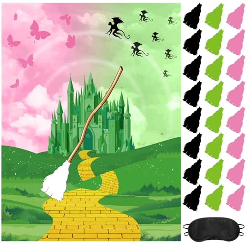 Faccito Witch Party Decorations Pin The Broom Pink and Green Games with Large Poster 24 Stickers and Blindfold Games Set for Halloween Witch Party Decorations Pink and Green Activities Supplies
