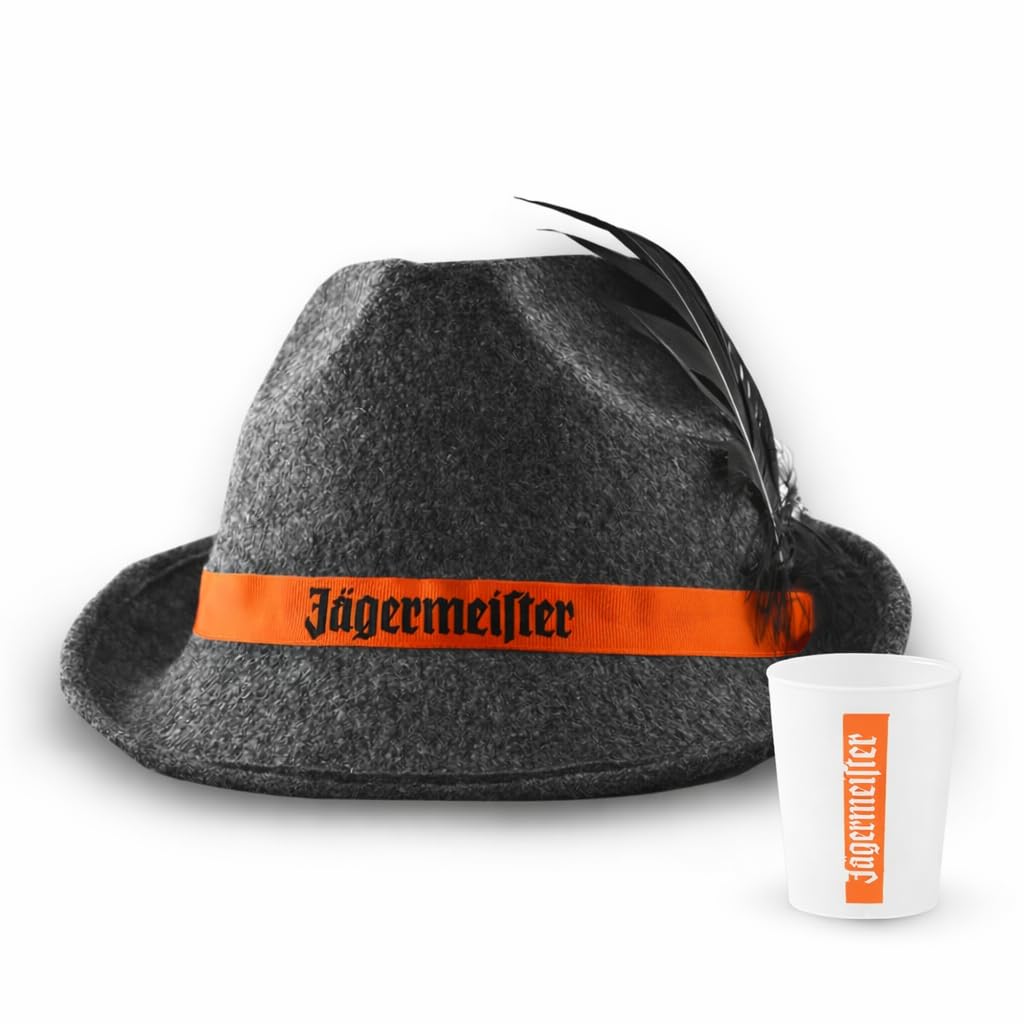 Jägermeister Original Trachten-Hut Filz-Hut schwarz mit 2 orangenen Federn und mit Kunststoff-Probierbecher