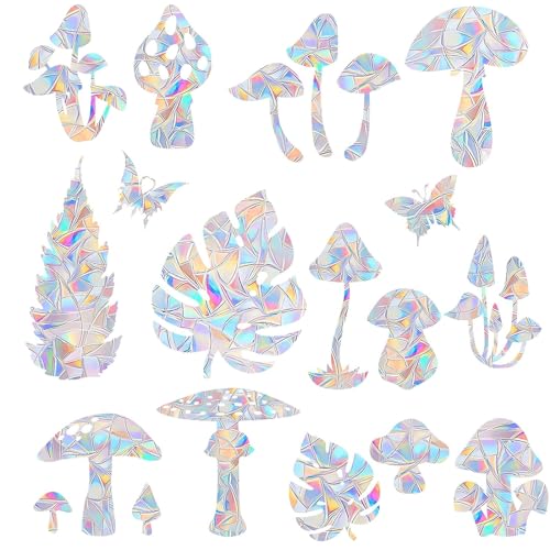 Image of 44PCS Mushroom & 3 Leaf Window Clings - Anti-Collision Decals to Save Birds, Non-Adhesive Prismatic Vinyl, Rainbow Stickers (Rainbow 44 Pieces)
