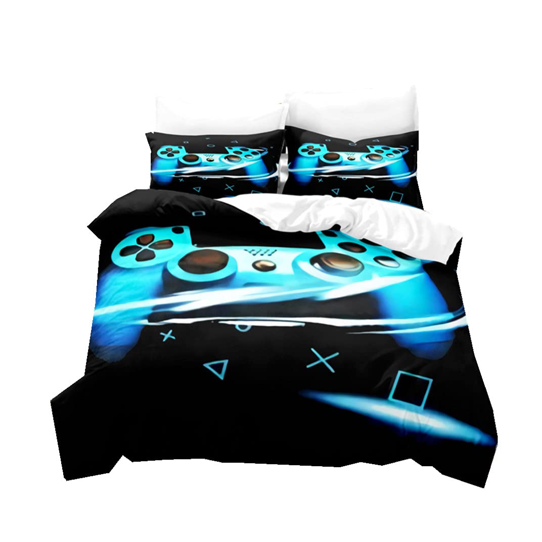 PEIHUODAN Juego de Cama para Adolescente 2/3 Piezas Gamepad Negro Azul Verde Gris Amarillo Gamer Consola de Juego Poliéster Niño Funda Nórdica y Funda de Almohada (Azul,150x200 cm,Cama 90 cm)