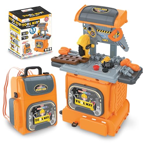 Image of Wembley Kids Tool Kit Set with Trolley & Toolbox | DIY Construction Pretend Play Tools for Boys & Girls 3-6 Years | Workshop Role Play Toy | Montessori Learning Gift for Kids Age 3, 4, 5, 6