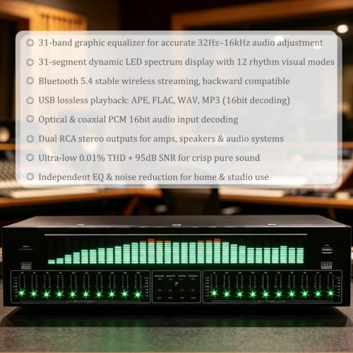 Ecualizador Gráfico Estéreo, Ecualizador Digital con Bluetooth 5.4, Pantalla LED Dinámica de Espectro, Reducción de Ruido, Decodificador Óptico y Coaxial para Home Theater, Estudio de Grabación, Escenario y Concierto miniatura 6