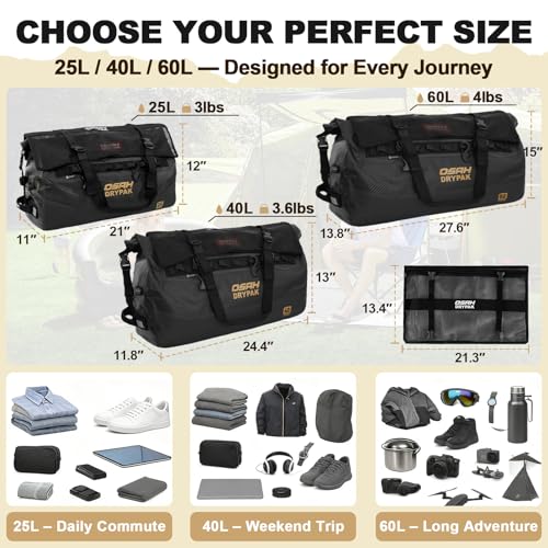 Image of OSAH DRYPAK Waterproof Duffel Bag 25L /40L /60L - Heavy-Duty Motorcycle Tail Bag, Roll-Top Dry Bag for Travel, Camping, Boating, Kayaking, Outdoor Adventure