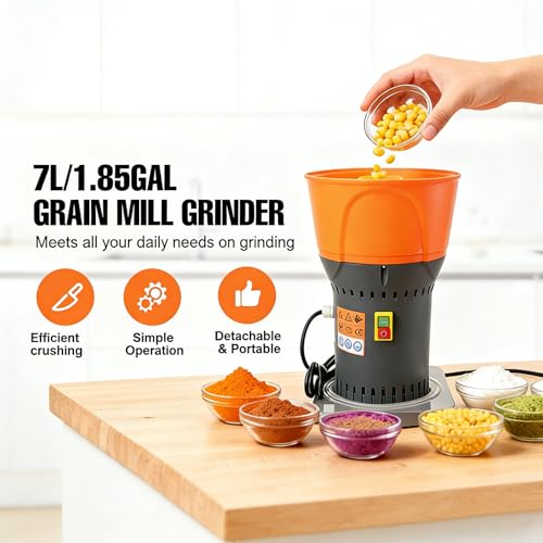 Image of Grain Mill Corn Grinder, 1000W Electric Feed Ginder Mill 7L | Dust-Free Dry Cereals Grinder with Detachable Hopper & 3 Sieves for Wheat Corn Grain Spice Coffee Beans 1.85 Gallons