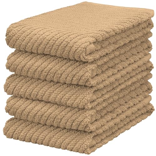 DecorRack 5 Pack 100% Cotton Kitchen Towels, 16x19 inch Soft Terry Dish Towels Absorbent & Durable for Drying, Cleaning & Cooking, Tan (Pack of 5)