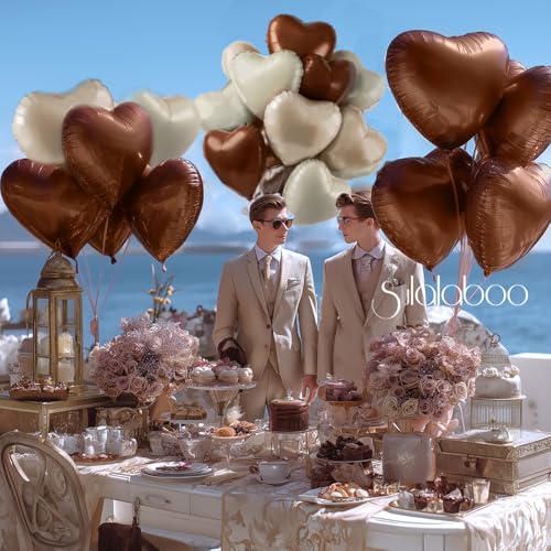 Image of 15Pcs Brown Cream Nude Neutral Heart Balloons Helium 18 Inch | Heart Shaped Foil Balloons for Valentines Day Mother's Day Engagement Anniversary Birthday Bridal Wedding Party Decorations