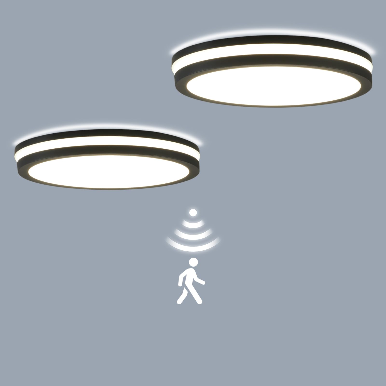 LEZOE 2er Plafoniera LED con sensore di movimento IP65 impermeabile, 18W 2700lm 150(Lm/W) lampada da soffitto con sensore 3000K/4000K/6500K Ideale per bagno, garage, corridoio, balcone Ø22cm Grigio