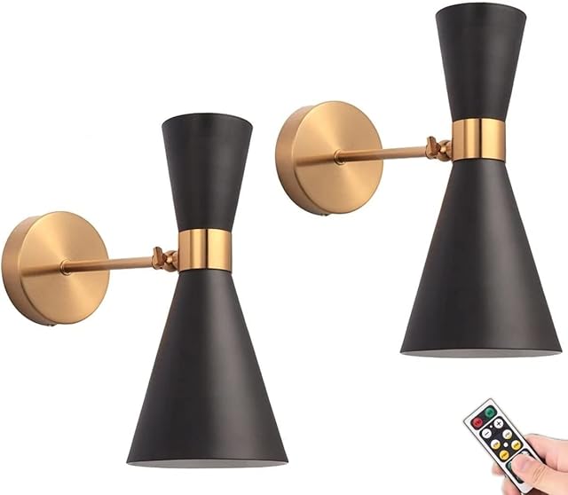 HANHJ Indoor Black Wall Sconce Set of Two Battery Operated With Remote,Modern Led Light Fixtures Powered Non Hard Wired Lamp Lighting for Decor Bedroom Reading Living Room Hallway