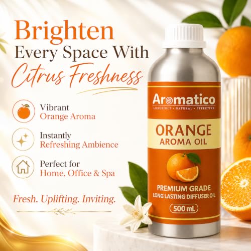 Image of AROMATICO Orange Diffuser Oil with Strong, Long-Lasting Aroma for Homes, Offices & Showrooms | Aromatherapy, Diffusers, Air Purifiers, Vaporizers - 500 ml