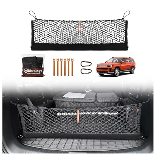 Muslogy Envelope Style Trunk Cargo Net Compatible with 2024 2025 2026 Hyundai Santa Fe Accessories Custom Fit Trunk Organizer Upgraded Storage Luggage Net with Metal Hooks