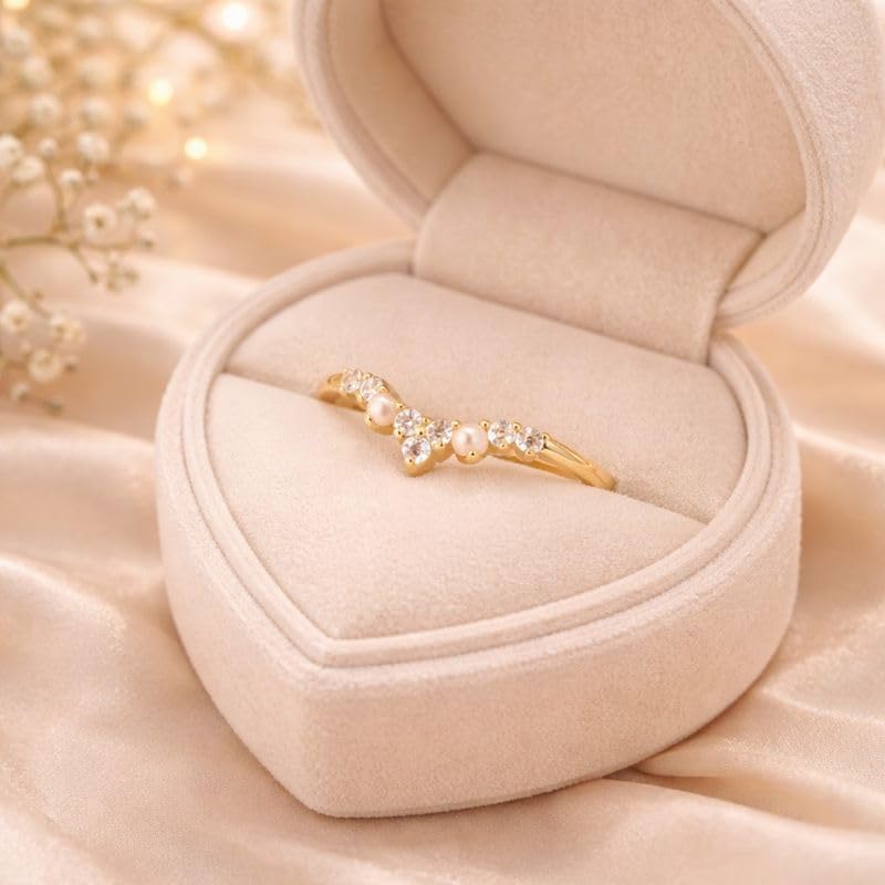 Pearl and Diamond Chevron Ring 14K Yellow Gold V Shaped Wedding Band Dainty Bridal Stacking Jewelry Minimalist Anniversary Birthday Gift for Her