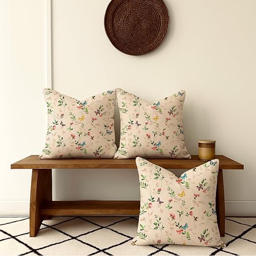 Image of Jaipur Weaves Cushion Cover 16 Inch X 16 Inch - Set of 3, Butterfly Garden 260 GSM Decorative Soft Cushion Covers for Sofa /Bed /Chair, Gift for Home Decor (Cream Garden, 3)