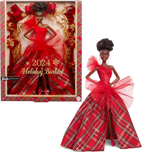 Muñeca Barbie Signature Holiday 2024 con vestido escocés miniatura 1