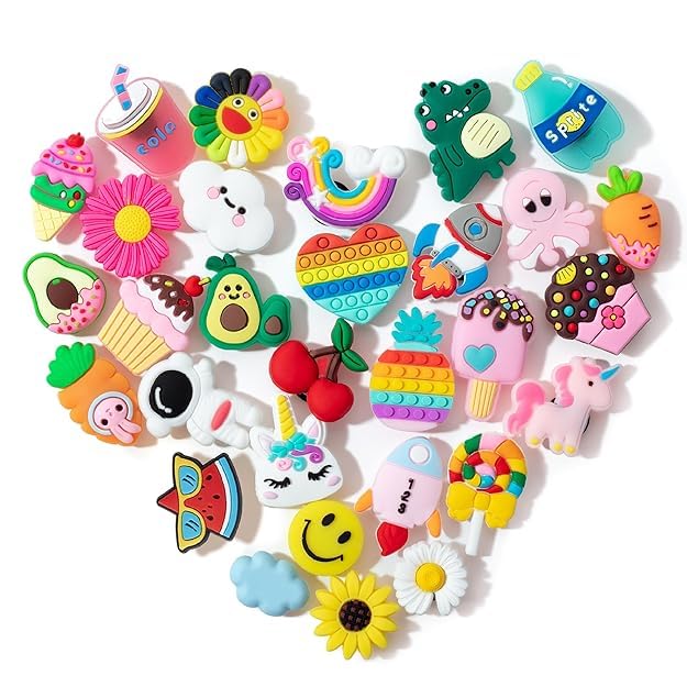 Frixo 30Pcs Clog Charms High Quilaty Clogs Charms for Clogs Accessories Assorted Cute Cartoon Charm for Clogs Sticker Button for Girls Boys Women Men Rubber Decoration Slippers Shoe Clog Charm