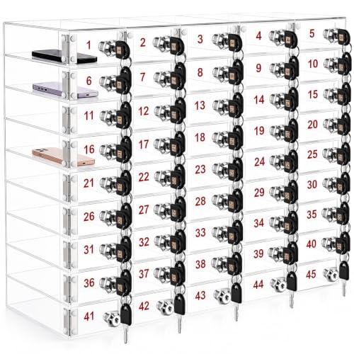 Image of Layhit Clear 45 Slots Cell Phone Locker Box for Classroom Clear Acrylic Cell Phone Storage Cabinet Bin with Door Locks for Classroom School Students Office Factory Employees