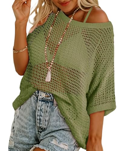 RITERA Plus Size Women Crochet Cover Up Summer Scoop Neck Swimwear Hollow Out Sweater Tops Vacation Beach Shirts XL-5XL
