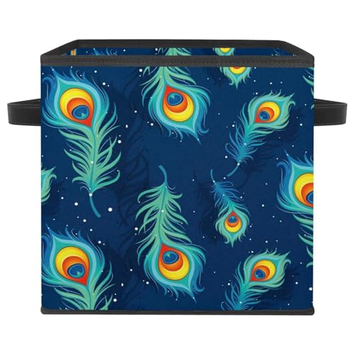Boîte de rangement pliable bleu marine motif plumes de paon