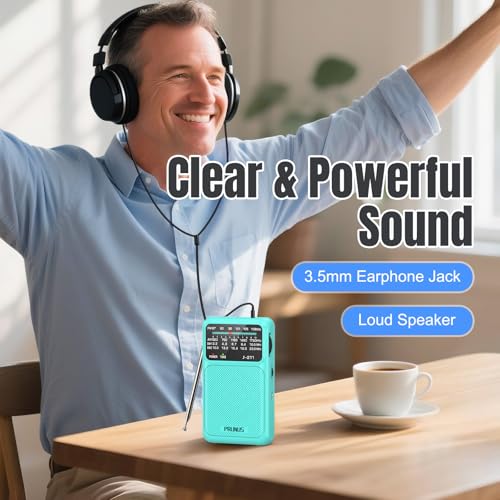 Image of PRUNUS J-211 Portable Radio AM FM with USB Charging and AA Battery Operated, Transistor Radios, Strong Reception& Clear Speaker, Headphone Jack, Back Clip, Lanyard, Small Portable(Blue)