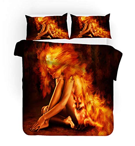 Preisvergleich Produktbild AHKGGM Bettwäsche 220x240cm Flammenmädchen und Tierwolf Gedruckt Mikrofaser Bettbezug 3 teilig mit Reißverschluss1 Bettbezug Set + 2 x Kissenbezug 80x80 cm für Doppelbett weich Schlafzimmer