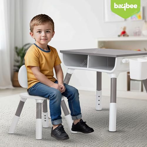 Image of BAYBEE Brilo Kids Study Table for Students with Chair, 3 Height Adjustable Table & Storage | Desk & Chair Set for Kids at Home or School | Reading & Writing Study Table (Wooden Grey)