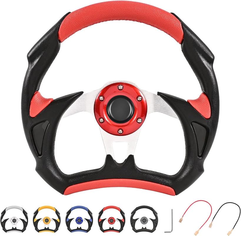 Image of Universal Racing Steering Wheel, 6 Bolt Anti-Slip Leather and Aluminum Gaming Steering Wheel with Horn Button for Car Sports Racing Steering Wheel (Red) Comfortable With LEA-F EV