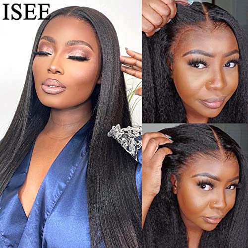 Image of ISEE Glueless Wig Human Hair Kinky Straight 7X5 HD Lace Front Wig 20 Inch