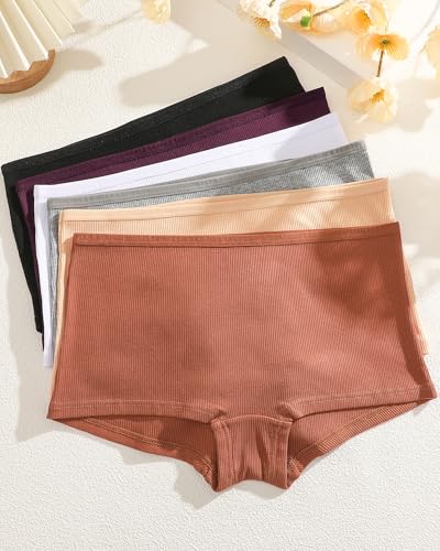 ALL OF ME Cotton Underwear for Women Boyshort Panties Full Coverage Boxer Briefs Stretch Boy Short Undies 6 Pack