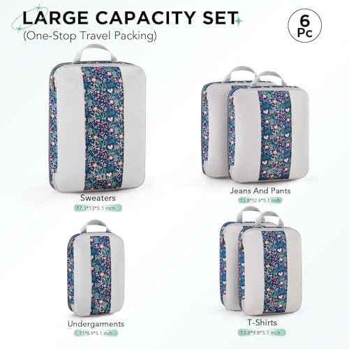 Image of 6 Set Compression Packing Cubes for Travel Essentials,Compressible Expandable Packing Cubes for Suitcase,OlarHike Luggage Organizer Bags for Travel(Dark Blue Floral)
