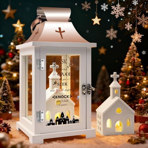 Christmas Village Houses for Table Centerpieces, Christmas Lantern for Modern Farmhouse Decor, Hanging Candle Lantern for Xmas Home Decor Indoor Outdoor, Ceramics Church Figurine