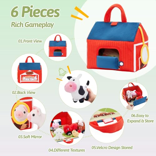 Image of OUOZZZ Farm Stuffed Animals Sensory Toys Set for Toddlers 9.4 inch Playhouse | Soft Sensory Tractor Plush, Animal Friends with Bell Sound, Activity Mat, Portable