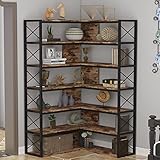 PAKASEPT 6-Shelf Corner Bookshelf, Vintage Industrial Corner Shelf Stand Etagere Bookcase, Large Book Shelf with Metal Frame Open Storage Corner Cabinet for Living Room Home Office, Retro Brown