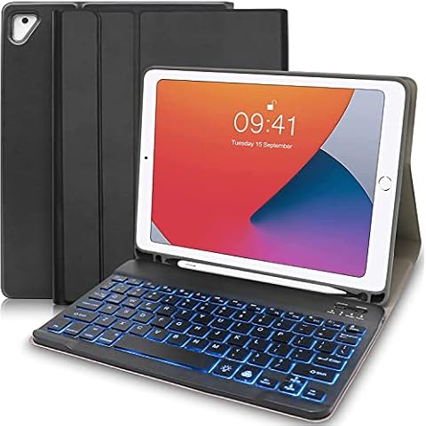 iPad Keyboard Case for iPad 6th Gen 2018, iPad 5th Gen 2017, iPad Pro 9.7, iPad Air 2, iPad Air 1 - Protective Cover with Detachable Keyboard - 7 Colors Backlight & Built-in Pencil Holder (Black) Cover