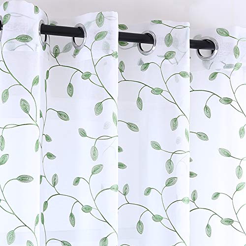 KEQIAOSUOCAI Olive Green Leaf Embroidered White Curtain Design Lovely Leaf Window Panel for Living Room Grommet 52 inches Wide 84 inches Long 2 Panels