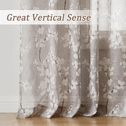 Image of FMFUNCTEX Linen Sheer Blossom Floral Print Curtains Taupe 63 Inch 2 Panels | Rod Pocket Rustic Drapes, Farmhouse Flower Patterned Window Curtain, Light Filtering Privacy for Living Room and Bedroom