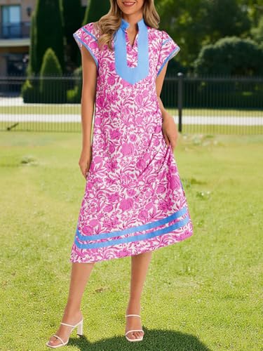 Image of Wenrine Womens Summer Floral Maxi Dress Casual Short Cap Sleeve V Neck Color Block Side Slit Loose Boho Beach Dresses