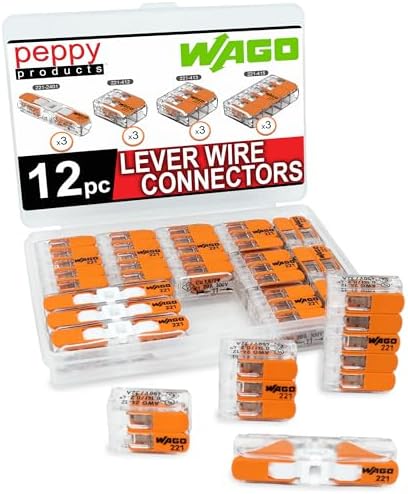 Peppy Products WAGO 221 Lever Nuts 12pc Compact Splicing Wire Connector Assortment with Case Includes 221-2401, 221-412, 221-413, 221-415