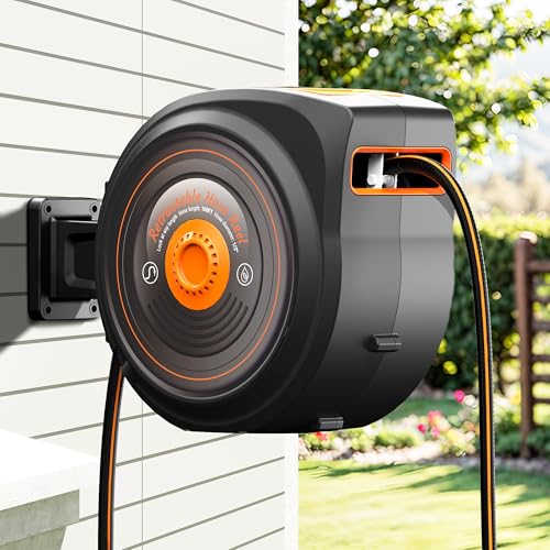 2026 Retractable Garden Hose Reel 100 50 65 ft 1/2 in, Upgrate 10 Spray Patterns & Pro Shaft, Heavy Duty Auto Water Hose Reel with Any Length Lock for Outside, Wall Mount Water Hose Reel, 180° Swivel