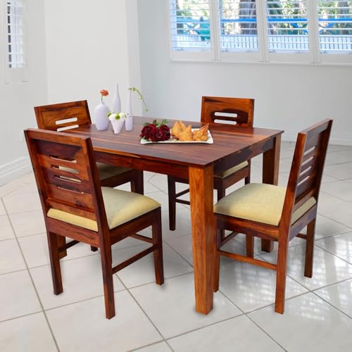 Image of Sheesham Wood 4 Seater Dining Table Sets for Dining Room | Solid Wood Dining Table with 4 Cushion Chairs for Hotels | Dining Room Sets Furniture for Hotels (Honey Finish)