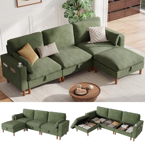Image of LINSY HOME 110 inch Modular Sectional Sofa with Storage, 3-Seat Cloud Couch with 1 Movable Ottoman & 2 Pillows, Corduroy Deep Seat Sectional Couches for Living Room /Office /Bedroom, Green