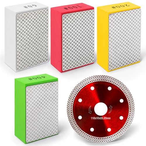 Hakkin 4Pcs Diamond Hand Polishing Pads and 1Pcs 115mm Diamond Cutting Discs for Angle Grinder Polishing Pads for Ceramic Tile Glass Grinding, Sanding Blocks Grit 60#, 100#, 200#, 400#