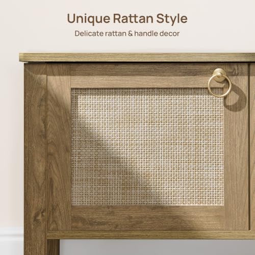 Image of SICOTAS Rattan Storage Bench Boho Storage Chest with 2 Safety Hinges | Wood Storage Truck Box for Bedroom, Living Room, Entryway, Supports 220 lb