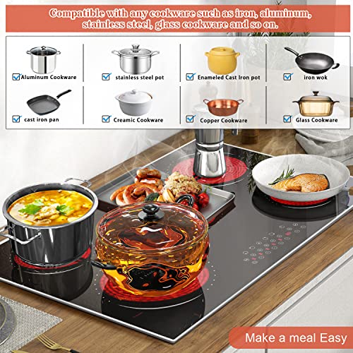 Hobsir 30 Inch Electric Cooktop 5 Burners Ceramic Cooktop, 8400W Drop-in Electric Radiant Cooktop with Glass Protection Metal Frame, Timer & Kid Safety Lock, 220-240V, Hard Wire (No Plug)