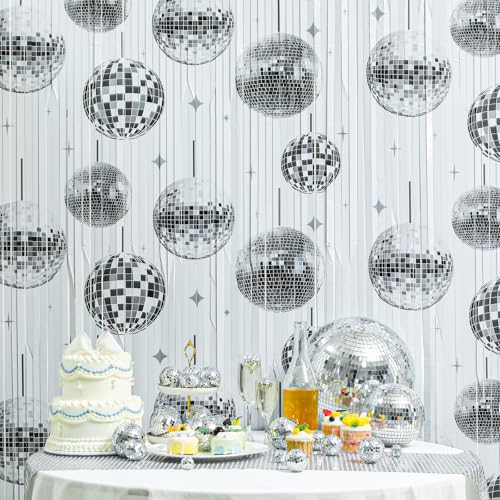 Image of 3 Pack Disco Party Decorations Disco Ball Backdrop Tinsel Foil Fringe Curtains Bachelorette Party Decor 3.3 x 6.6 ft Glitter Photo Booth Props for 70s 80s Hip Hop Birthday Supplies