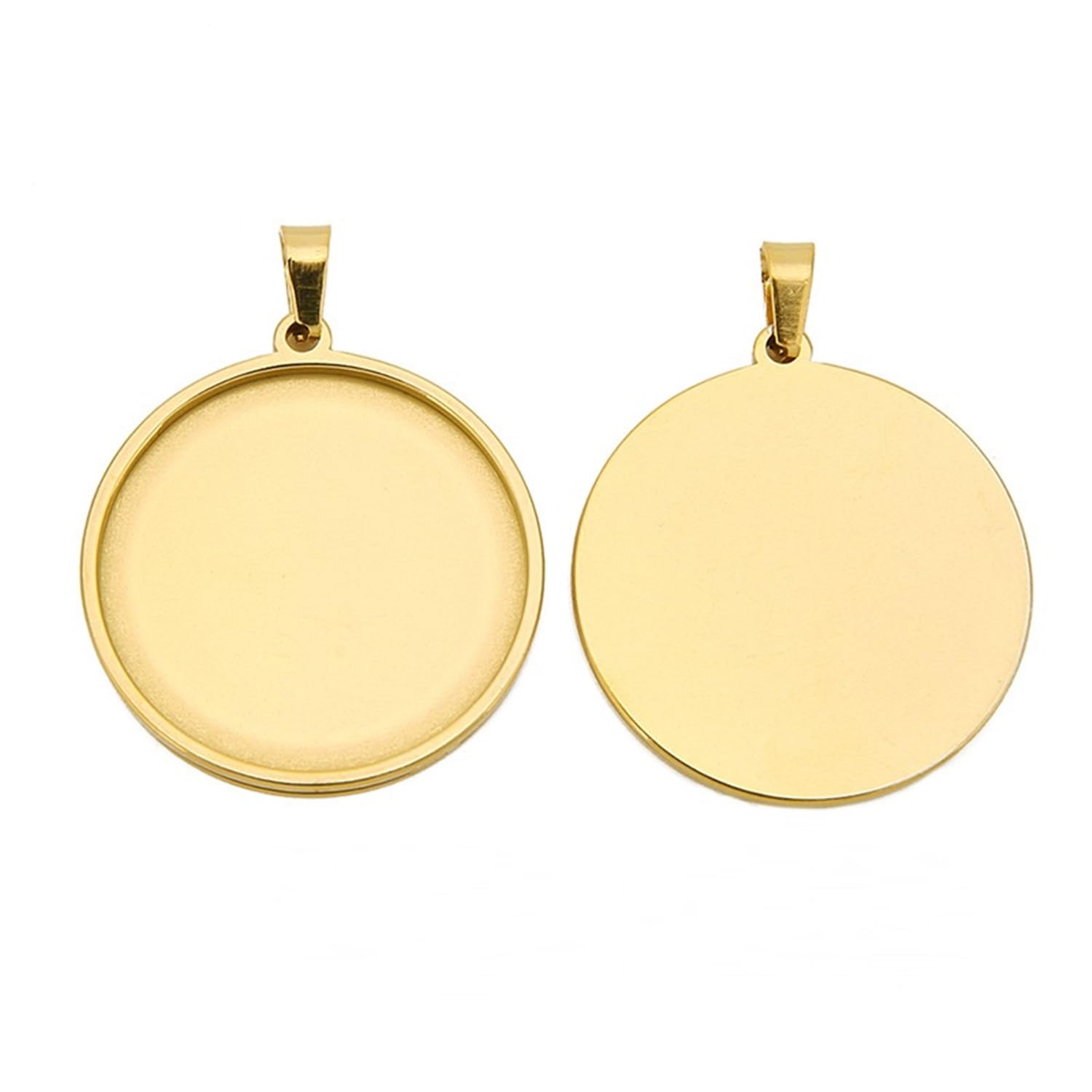 SHUNAE 10pcs stainess steel cabochon base setting 20mm 25mm 30mm round cameo pendant trays diy jewelry blank bezel for necklace making, 30mm gold, Stainless Steel